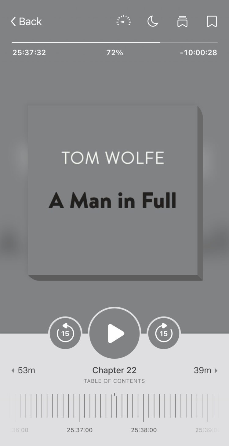 screenshot of the audiobook A Man in Full buy Tom Wolfe as it is playing in the app Libby